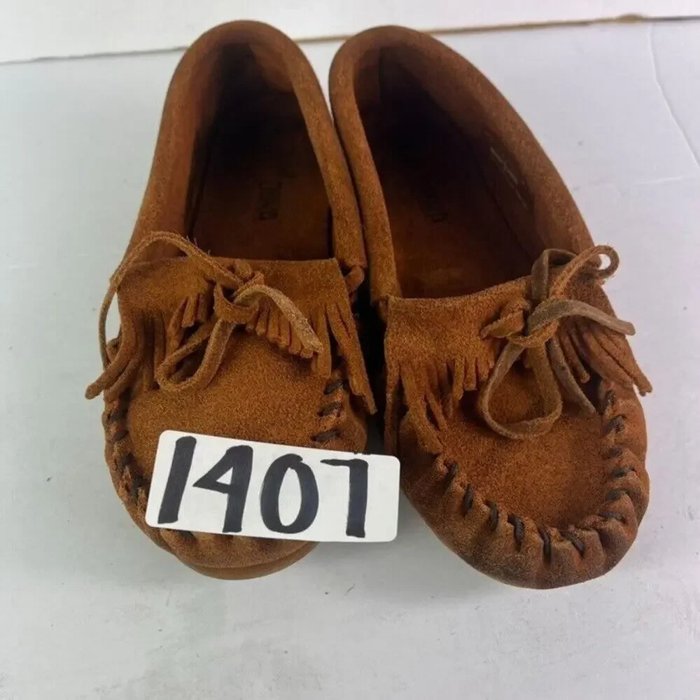 MINNETONKA Moccasin Casual Shoes Youth Kids US 2 Brown Suede Slip On Fringe 2402